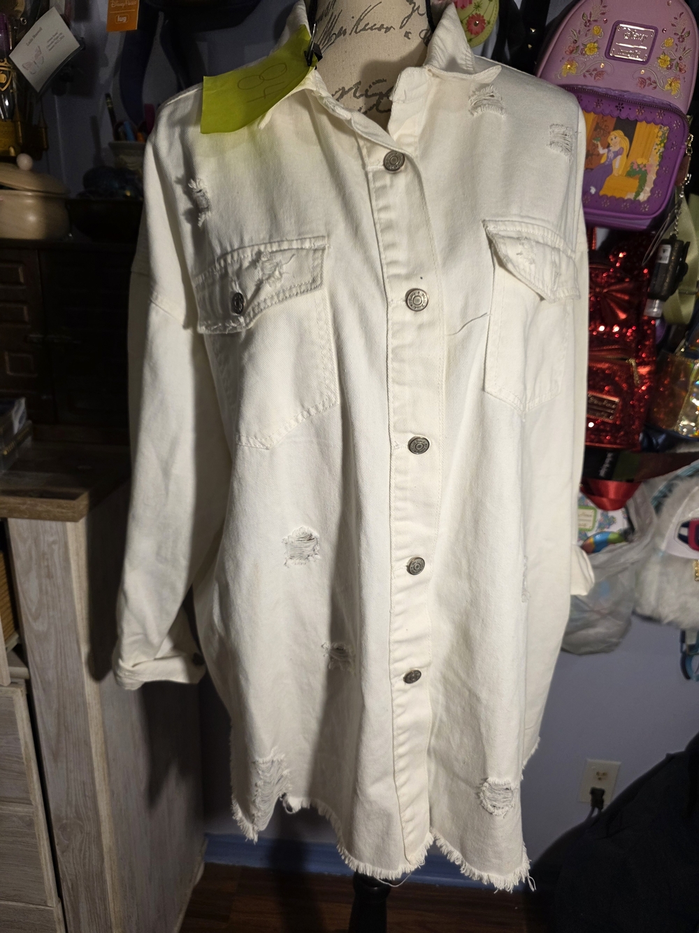 white birch Distressed Off-White Button-Up Jean Jacket